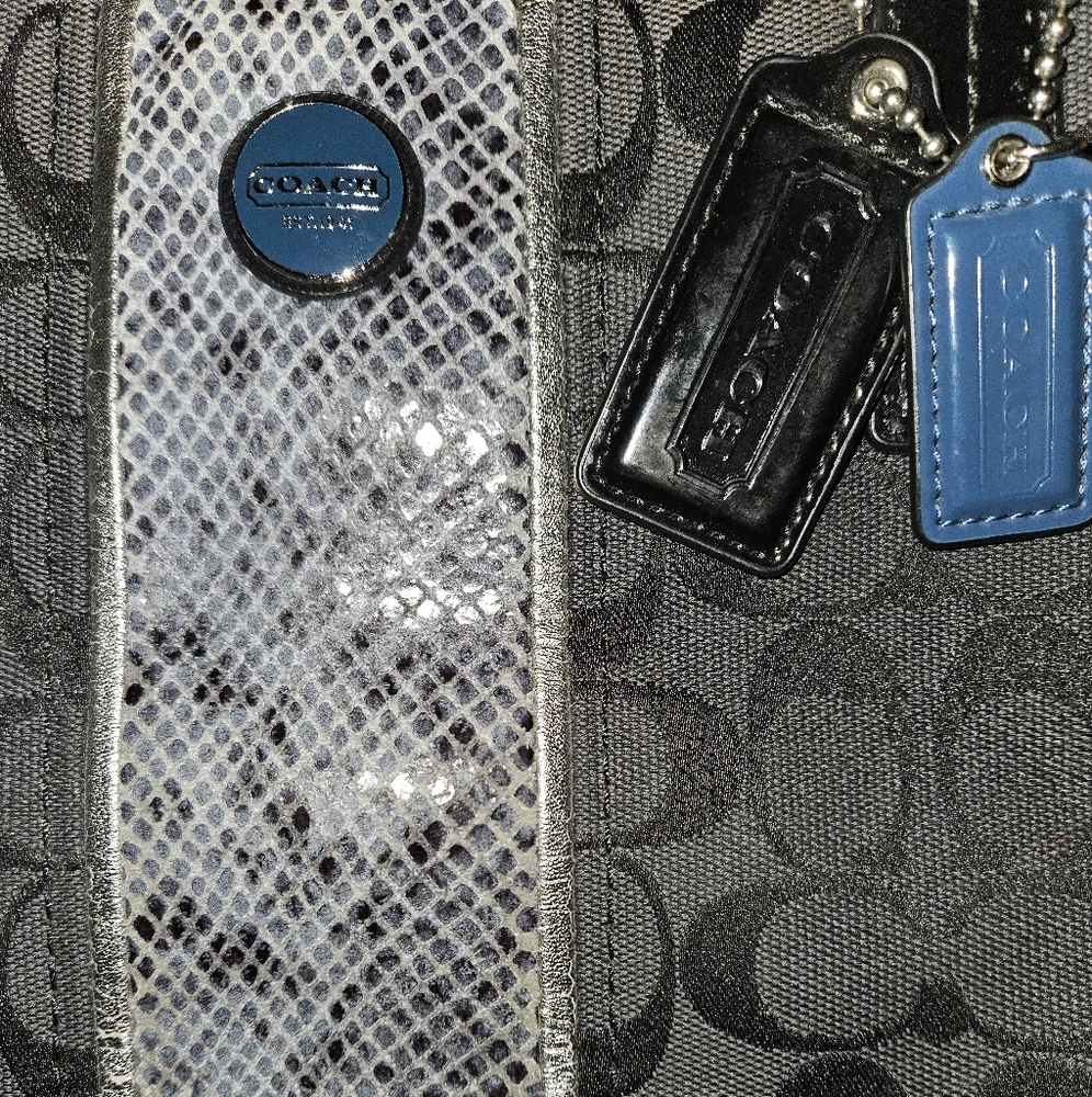 COACH Black Signature Satchel with Snakeskin Accent